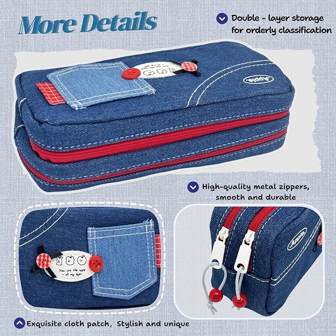 Haumei Canvas Pencil Case Large Capacity, Big Denim Pen Pouch with Zipper, Cute Durable Portable Stationary Storage Bag Organizer for Adults Women, Dark Blue, Button