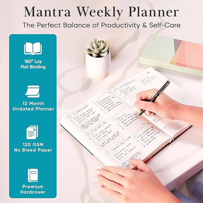 Mantra Planner 2026 Planner, Daily Journal & Gratitude Journal All-In-One with To Do List, Self Care Prompts & Habit Tracker - 7 x 10 - Teal