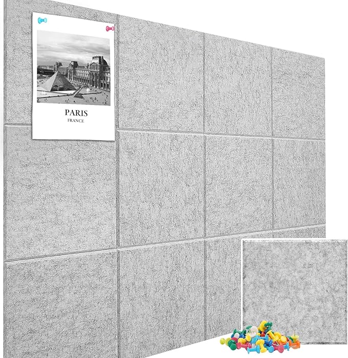 Large Cork Board Alternative 48" X 36" Bulletin Board - 12 Pack Removable Felt Wall Tiles with 30 pushpins, Large Cork Boards for Walls Cork Board for Office Pin Board Tack Board - Silver Gray
