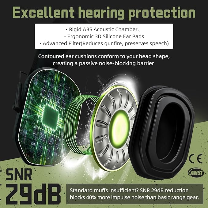 PROHEAR 022 Upgraded Electronic Shooting Earmuffs with Gel Cooling Ear Cushions - 29dB SNR Noise Reduction for Hunting & Gun Range, 5X Sound Amplification, 4 Omnidirectional Mics, HD Speakers,Green