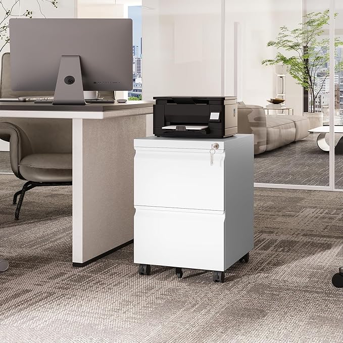 Fesbos 2 Drawers Vertical File Cabinet - Fully Assembled White Under Desk Mobile Filling Cabinet Small Lockable Home Office File Cabinets for A4/Letter/Legal Size