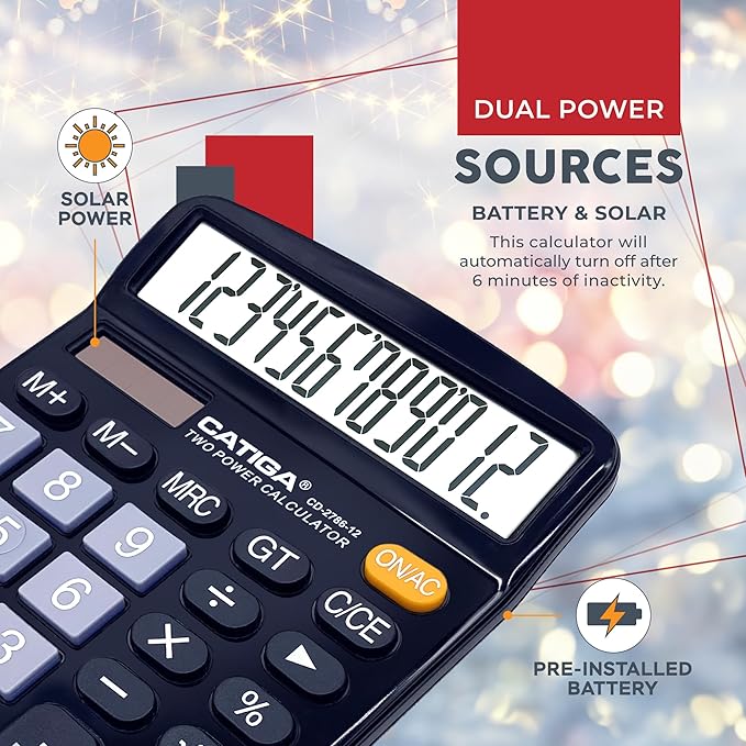 CATIGA Desktop Calculator (2 Pack) 12 Digit with Large LCD Display and Sensitive Button, Solar and Battery Dual Power, Standard Function for Office, Home, School, CD-2786 (2 Black)