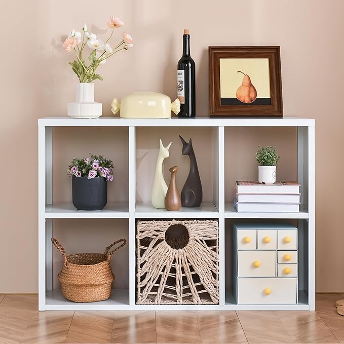 IRONMIX White Cube Storage Organizer, Metal Short Bookshelf with Storage, Modern 2 Tier Horizontal Bookshelf, Short Cabinet Display Case, Small Cube Bookcase for Home Office Library (White, 700+1037)
