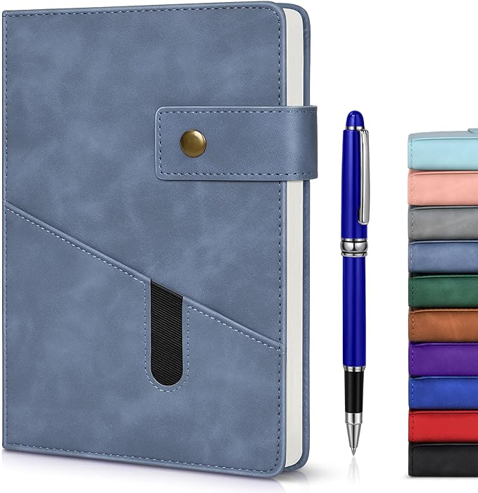 vfaejll Blue A5 Lined Leather Journal Notebook for Men Women,5.9" X 8.4" Personalized Hardcover Journal with Pen,200 Pages 100 Gsm Thick Ruled Paper Daily Diary for Travel,Business,Work,Writing