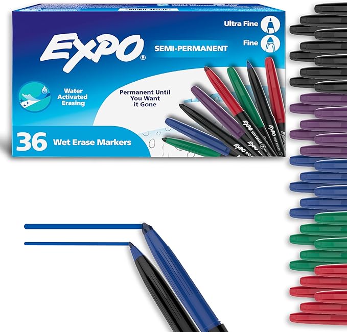 EXPO Wet Erase Markers, Semi-Permanent, Assorted Colors, Fine and Ultra-Fine Tips, 36 Count - For Writing on Glass, Whiteboards, Mirrors, Calendar, Labeling, Organizing
