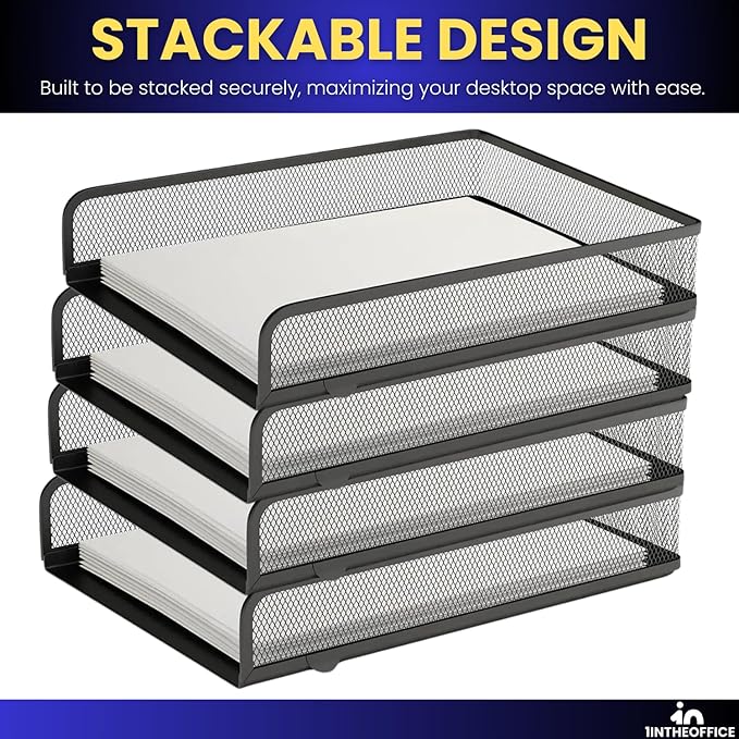 1InTheOffice Letter Trays for Desk Stackable, Front-Load Mesh Desk Tray Organizer, Black, 2 Pack