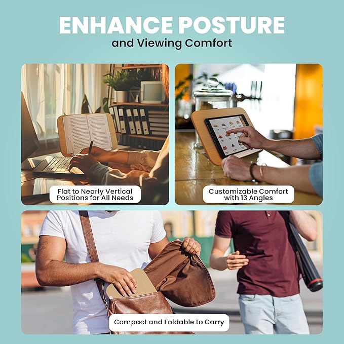 CataKenTika Wood Book Stand - Book Holder for Reading Hands Free, Foldable, Adjustable Book Display Stand, Cookbook Stand Portable, Lightweight Page Holder for Book Lovers, Cooks, Students 13.4"x9.4"