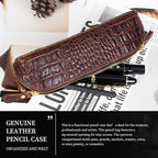 Gexmil Genuine Leather Pen Case, Full Grain Leather Pencil Holder, Hand-made Stationery Bag for Work & Office, Vintage Style, Crocodile Brown