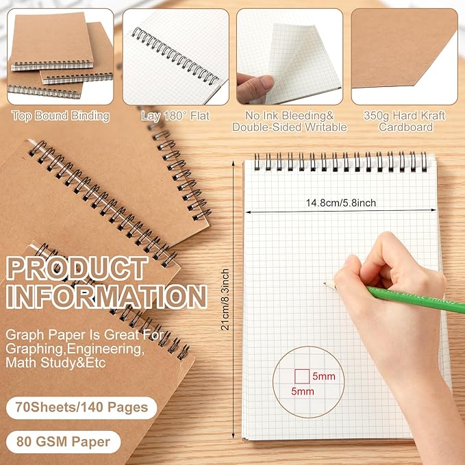 Engrowtic 12 Pack Graph Paper Spiral Notepad A5 Top Wirebound Notepad Grid Notebook Steno Pads Memo Notebook Grid Paper 140 Pages for Writing Sketching Drawing Office Supplies (Kraft)