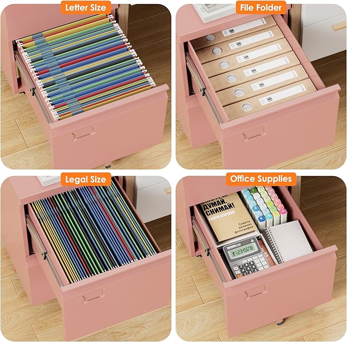 SUXXAN 2 Drawer Mobile File Cabinet with Lock, Under Desk Metal Filing Cabinet for Office, Home,Vertical Cabinet Legal/Letter Size, Need to Assembled (Pink)