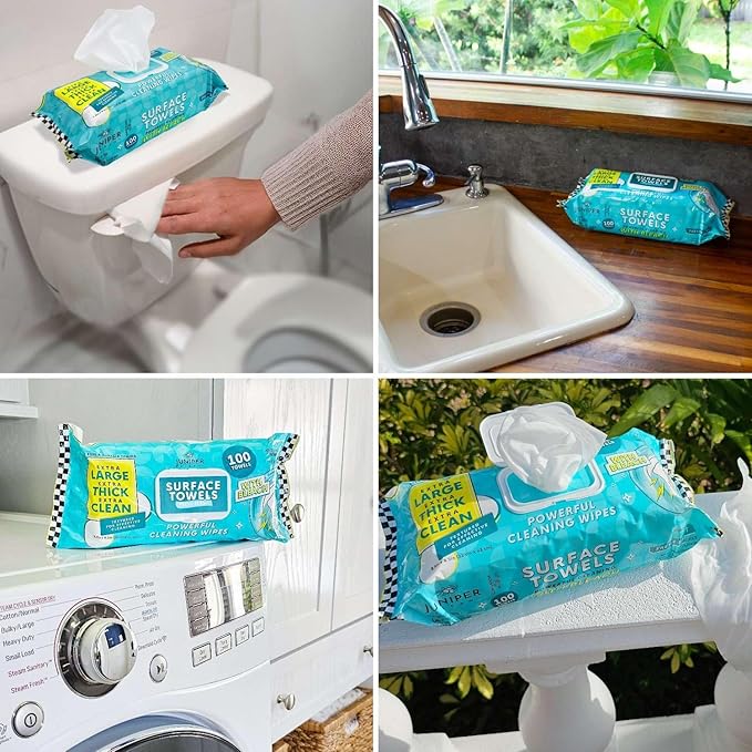 Juniper CLEAN 3 Packs Surface Wipes with Bleach, Thick & Large Dispose, All-Purpose Cleaner for Bathroom, Kitchen, Office, 300 Count Soft Flow, Biodegradable, Fresh Scent