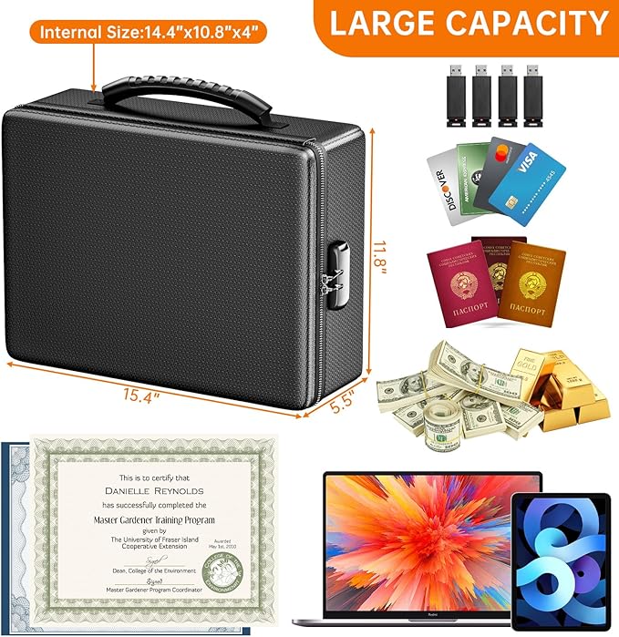 ENGPOW Fireproof Document Box, Hard Case File Box with Fireproof Zipper＆Lock, 6400°F Heat Insulated Fire and Water Resistant Portable File Organizer Storage Home Safe for Documents Laptop Cash Black