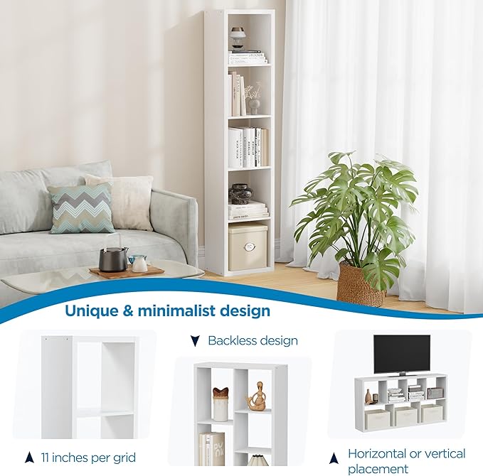 Jpiziso 5 Cube Storage Organizer Single Row, Cube Shelf with Heavy-Duty Thick Boards, 13.31" L x 9.37" W x 60.55" H, Smooth Easy-Clean Panels, Simple Assembly, for Living Room Bedroom Office, White