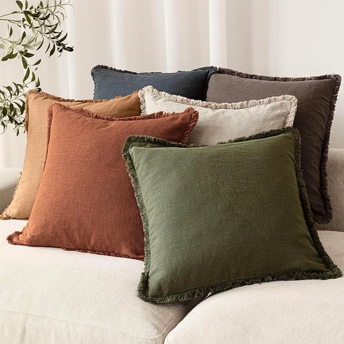Foindtower Set of 2 Decorative Linen Fringe Throw Pillow Covers Cozy Boho Farmhouse Cushion Cover with Tassels Soft Accent Pillowcase for Couch Sofa Bed Living Room Home Decor,16×16 Inch,Orange Brown