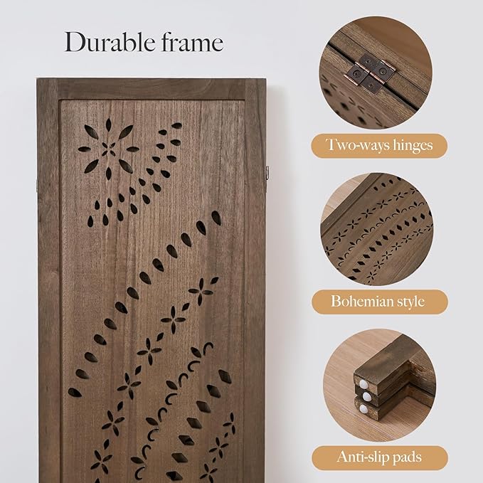 66.9Inch Folding Room Divider, 3 Panels Wood Carved Privacy Screens, Free Assembled Freestanding Partition for Home Office Restaurant Bedroom (Brown)