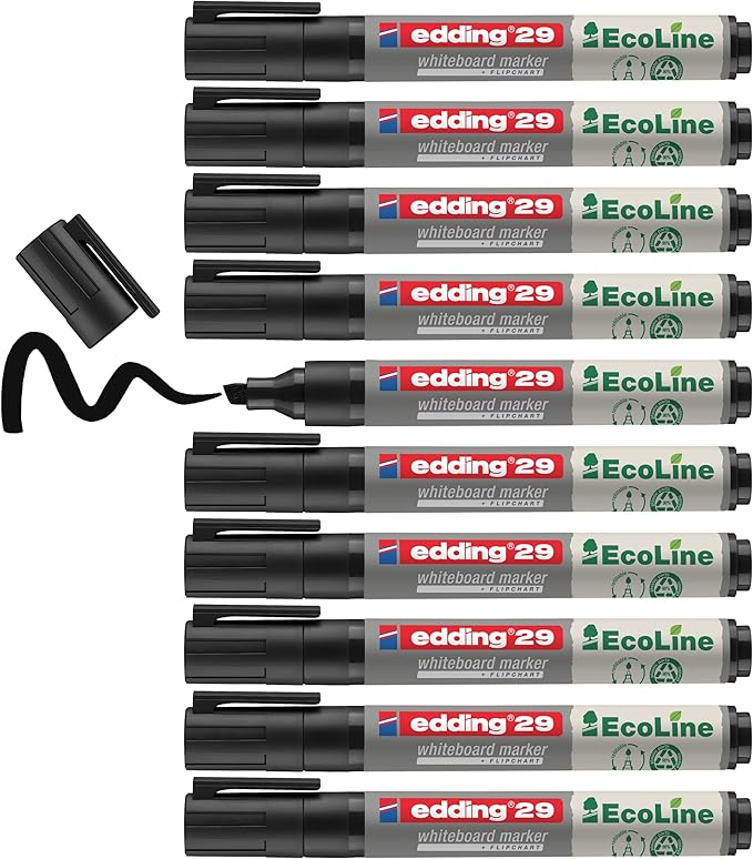 edding 29 Ecoline whiteboardmarker - zwart - 10 whiteboardstiften - beitelpunt 1 - 5 mm - boardmarker uitwisbaar - voor whiteboard, flipchart, magneetbord, prikbord, memobord - sketchnotes - navulbaar