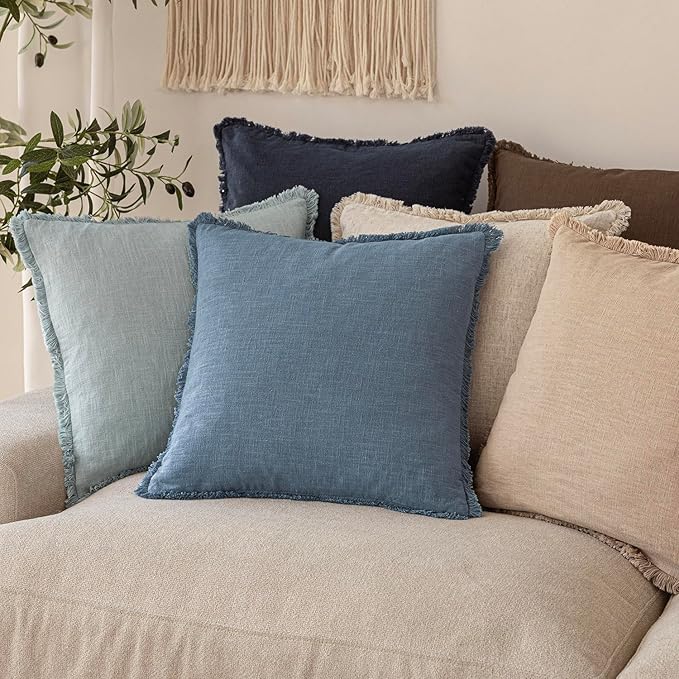 Foindtower Set of 2 Decorative Linen Fringe Throw Pillow Covers Cozy Boho Farmhouse Cushion Cover with Tassels Soft Accent Pillowcase for Couch Sofa Bed Living Room Home Decor, 24×24 Inch, Misty Blue