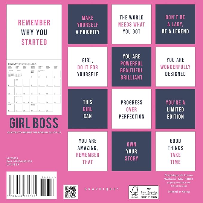 Graphique 2025 Girl Boss Mini Wall Calendar | 7” x 7” | Thick Paper | Home & Office Organizer | Large Monthly Grid | 3 Languages & Marked Holidays | 4 Month Preview Page for 2026
