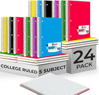 Rosmonde Bulk Spiral Notebook 24 Pack, 5 Subject, 300 Pages/Book (150 Sheets), 8 x 10-1/2, College Ruled, School & Office Spiral Notebooks, Back to School Notebook Journal, Soft Cover, Assorted Colors