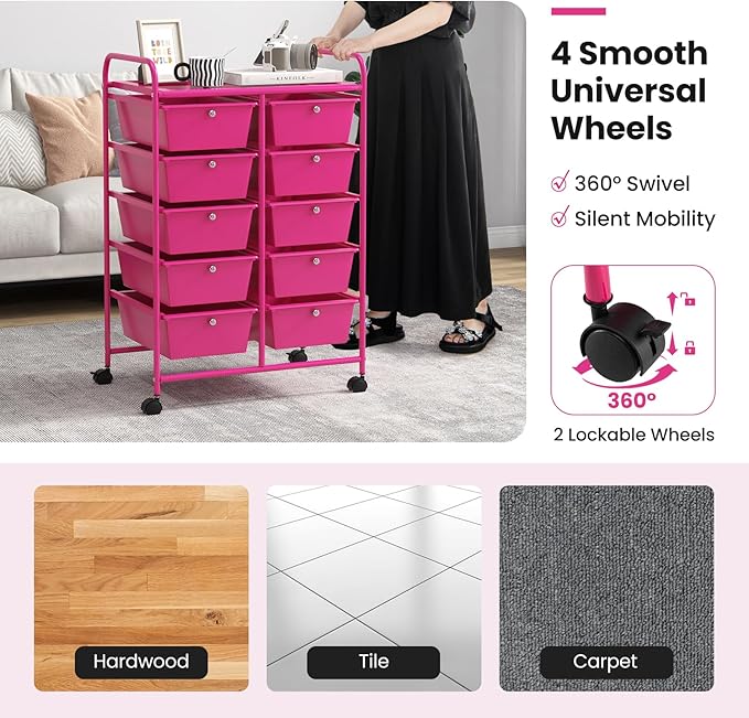 GLACER 10 Drawer Rolling Cart, Storage Cart with Lockable Whieels & Metal Frame, Trolley for Art Craft Oganizer, Mobile Utility Cart for Office, School, Classroom, Kitchen (Hot Pink)
