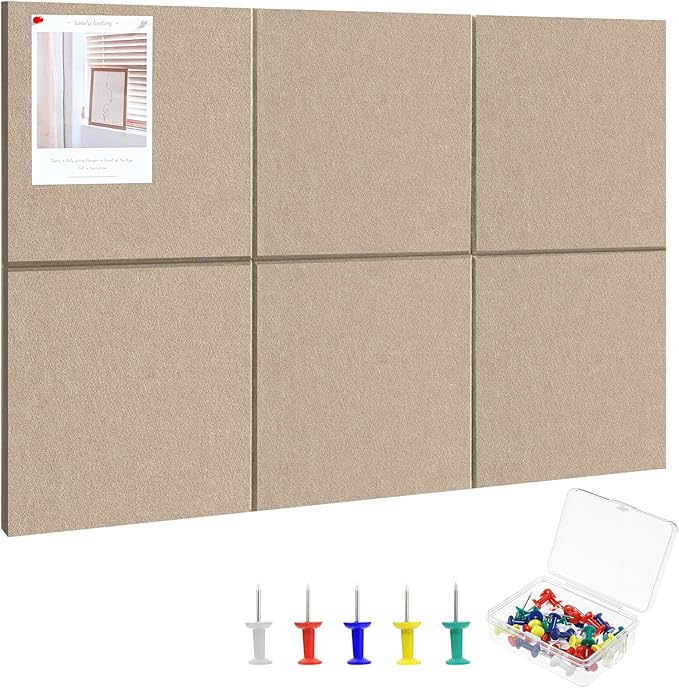 Large Cork Board 36" x 24", 6 Pack Felt Wall Tiles with Colored Pushpins, Bulletin Board with Removable Self-Adhesive Strips, Pin Board Cork Boards for Walls Office Home-Tan