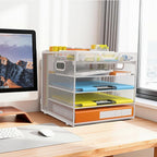 Docnest 5 Tier Letter Tray with Hanging File Organizer-Mesh Desk Organizer-Desktop Storage Box Built in Pen Holder and Handles, File Folder Holder for Mail Documents Office Supplies-White