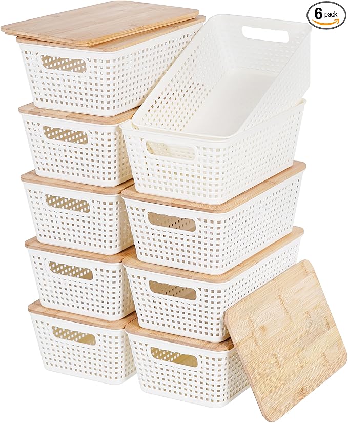 Anywish Storage Bins with Lids 10 Packs, Plastic Storage Bins with Bamboo Lids for Pantry Organization and Storage Containers for Shelves Drawers Desktop Closet Playroom Classroom Office Home, White