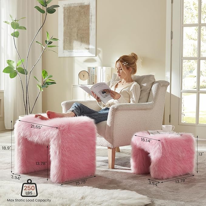 ZYKZYK Small Ottoman Set of 2 Vanity Stool Chair with Modern Ottoman Foot Rest M-Shaped Design for Bedroom Entryway Makeup Vanity Entryway (2-in-1) Pink