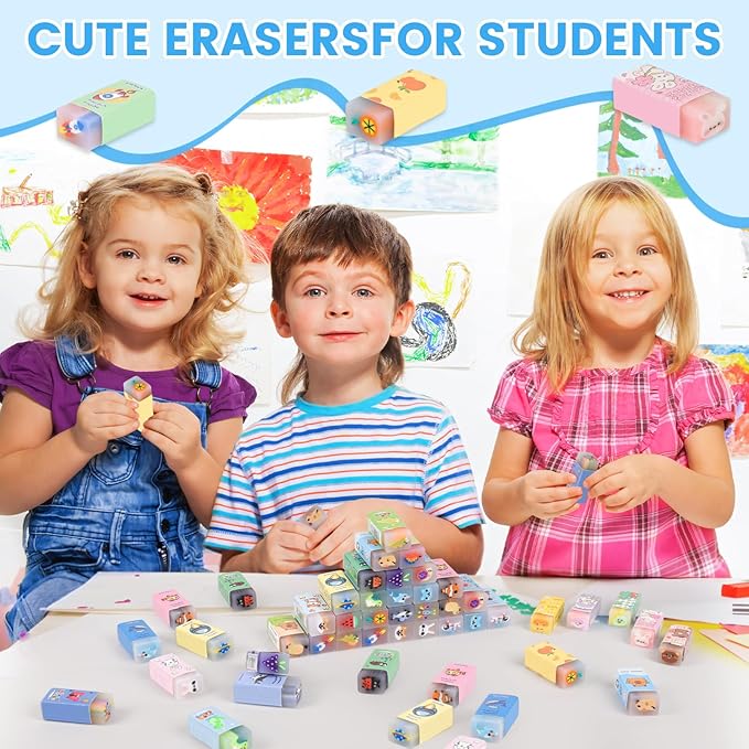 LiYiQ 100 Pcs Cute Eraser for Kids Bulk Kawaii Erasers for Classroom Fun Erasers for Back to School Supplies Kid Party Favors Gift