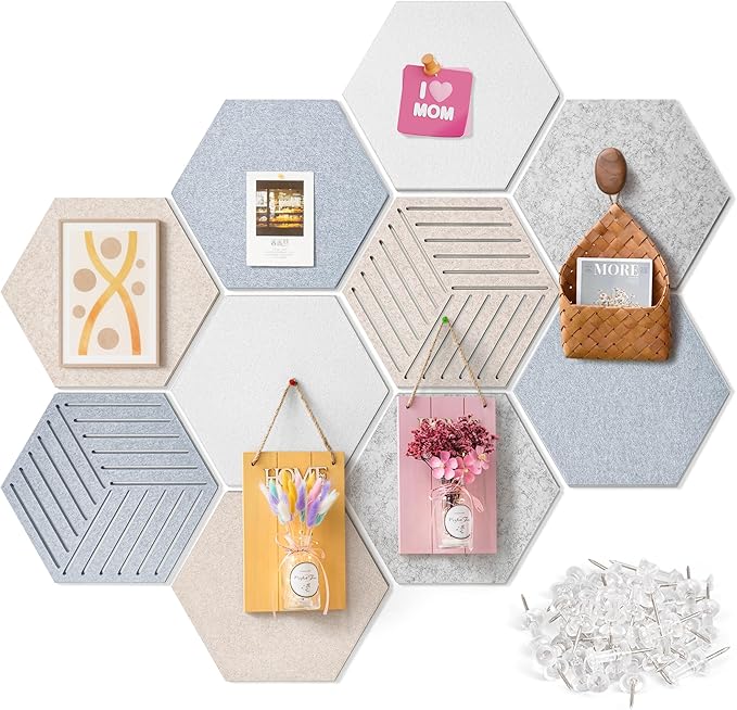 Fwpelt 12'' Medium Hexagon Cork-Bulletin Board Tiles Adhesive 10PCS 12x10 inch Frameless Sticky Corkboard Hex Felt Pin Board for Office-Wall Decor, Removable Hexagonal Tack Pinboard with 30 Pushpins