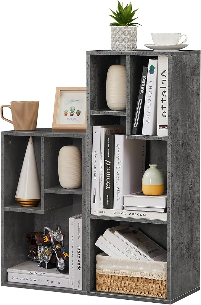 VECELO Narrow Bookshelf Set, Fits 9.3" × 10-12.8" Hardcovers, Cube Storage Bookcases, Free-Standing for Living Room, Bedroom, Home Office, 2/3-Tier, 2-Pack, Gray