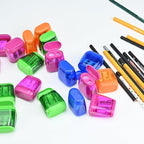 AUSTARK 24Pcs Pencil Sharpener Manual, Assorted Color Small Dual Hole Pencil Sharpeners Bulk with Lid for School Office Home (Geometry-24)