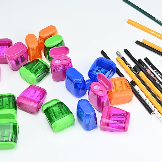 AUSTARK 24Pcs Pencil Sharpener Manual, Assorted Color Small Dual Hole Pencil Sharpeners Bulk with Lid for School Office Home (Geometry-24)