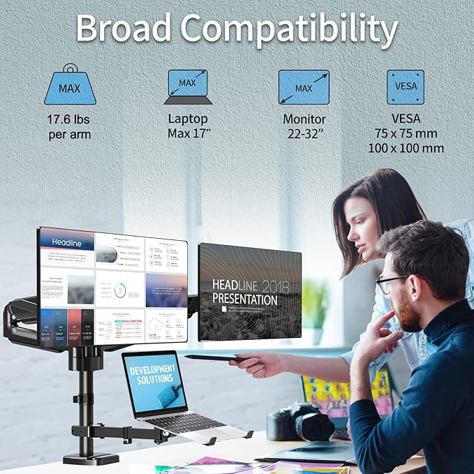 MOUNTUP Dual Monitor and Laptop Mount, Adjustable Monitor Stand for 2 Max 27" Computer Screens, Laptop Tray Fits 10-17inch Notebook, Holds 4.4-17.6lbs Per Arm, 3-in-1 Adjustable Monitor Desk Mount