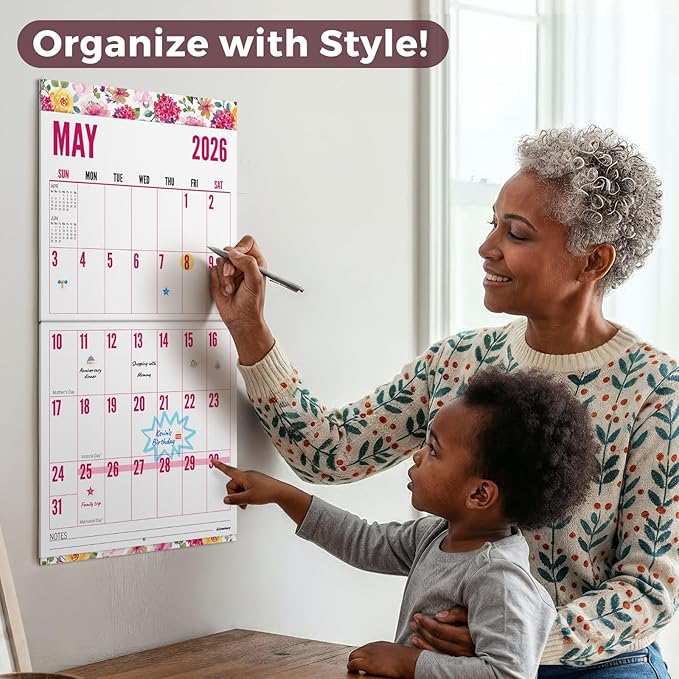 CRANBURY Large Print Wall Calendar 2026, 12x23" Open, 12 Months Floral Designs, Use Jan to Dec 2026, Big Numbers, Big Grid, Low Vision Calendar, Non-Glossy Paper for Easy Writing, Includes Planner Stickers