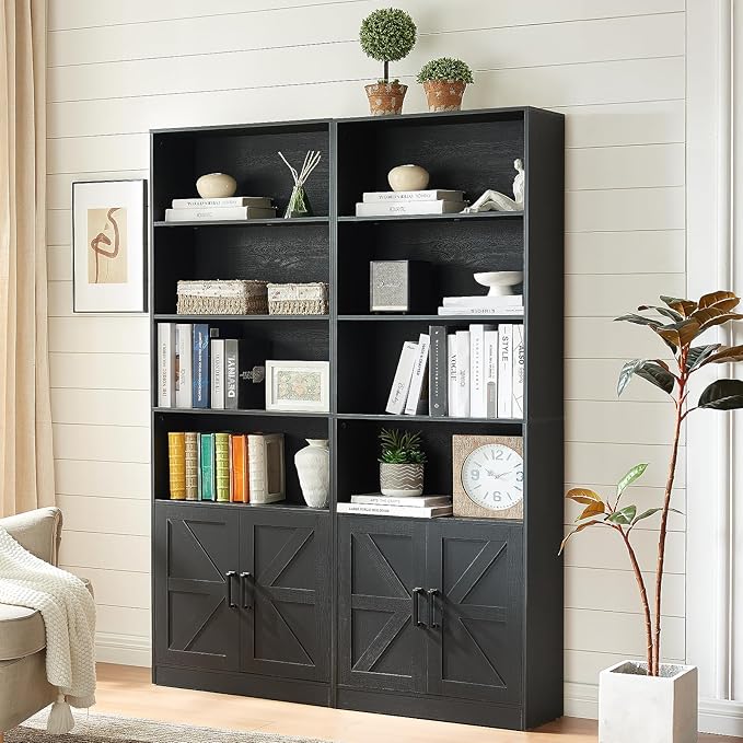 RWYHG 70in Tall Bookshelf 6 Tier Bookcase with Barn Doors and Adjustable Shelf, Black Farmhouse Book Shelves with Storage Cabinet,Wood Floor Standing Display Bookshelve for Bedroom,Living Room,Kitchen