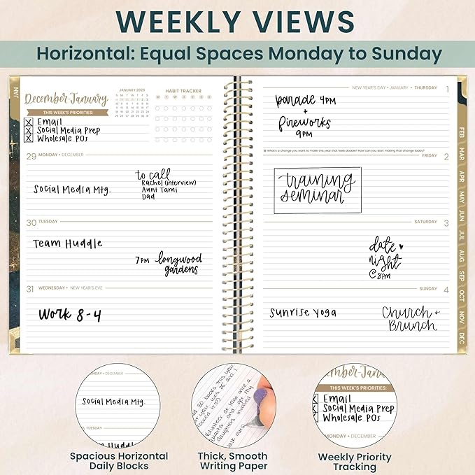 bloom daily planners HARDCOVER 2026 Planner (January to December) - 8.5” x 11” Weekly & Monthly Dated Agenda Organizer Book with Stickers & Tabs - Celestial Skies