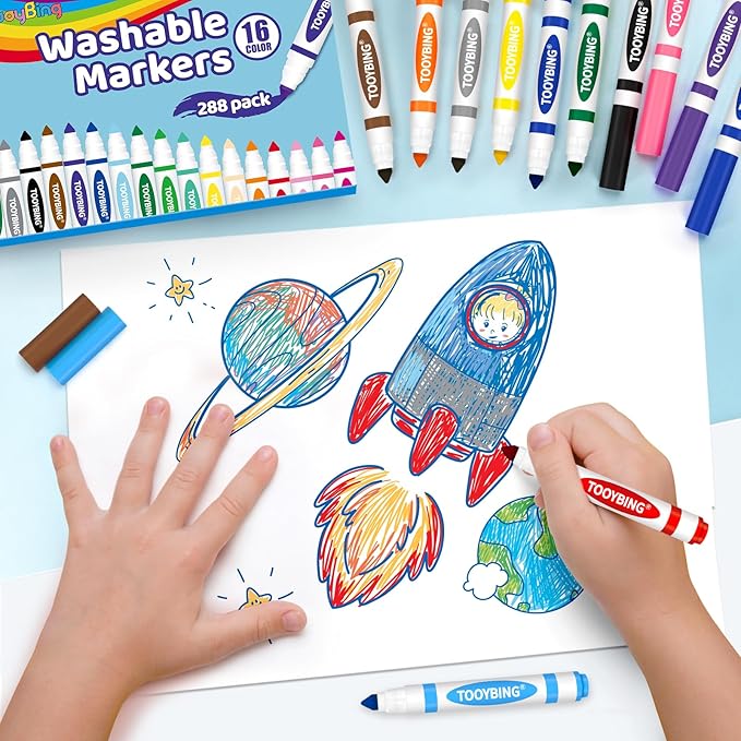 TooyBing Washable Markers Bulk (288 Count), 16 Assorted Colors, Washable Markers for Kids Classroom School, Broad Tip Durable for Back to Classroom Art School Supplies Essentials