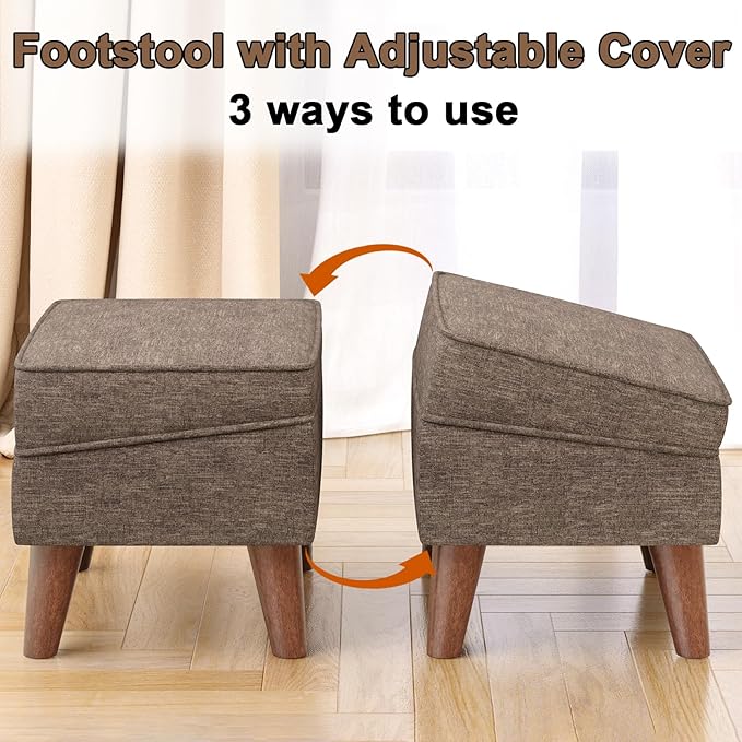 FAGAGA Small Footstool Ottoman with Adjustable Lid, Modern Storage Ottoman, Foot Rest for Couch, Foot Stool with Sturdy Wood Legs for Living Room, Bedroom, Enterway, Brown