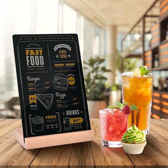 Pintuson 4 Pack Mini Chalkboard Signs - 8x6 inch Acrylic Chalk Board - Small Chalkboard Signs with Beech Base - Double Sided Blackboard for Display Menus, Food Signs, Message Boards, Table Numbers