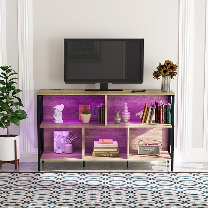 Horizontal Bookshelf,Industrial Modern 5 Cube Low Wide Cubby Bookcase with led Light,Long Wood and Metal Storage Organizer Open Shelf, Short Book Shelf Bedroom Storage for Home Office Living Room(Oak)
