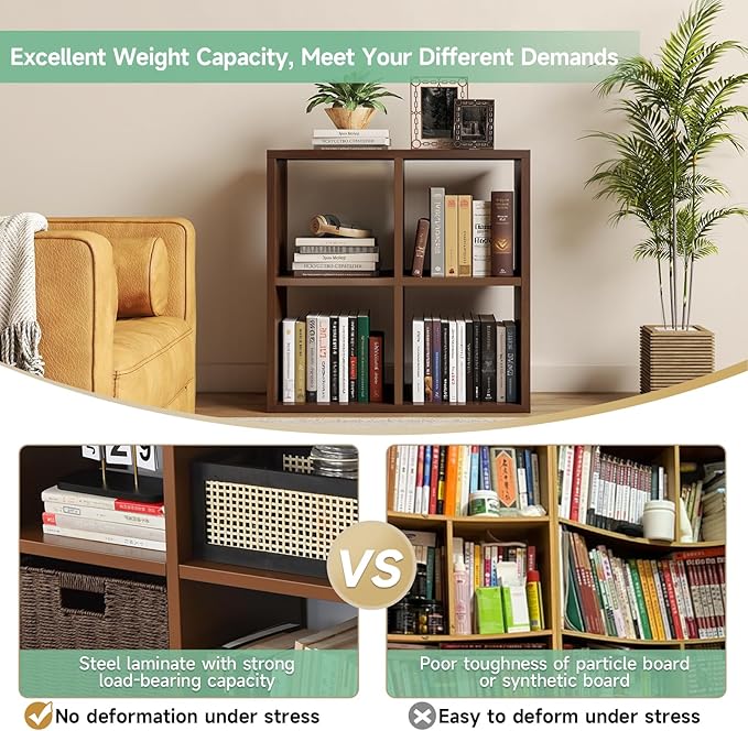 IRONMIX Metal 4 Cube Storage Organizer, Short Bookshelf with Storage, 2 Tier Horizontal Bookshelf, Small Cube Shelf, Freestanding TV Stand for Classroom, Home Office Library(Dark Wooden, 700-2 Set)