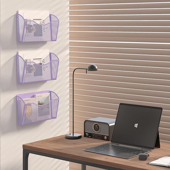 EasyPAG Single Pocket Wall File Organizer, Mesh Hanging File Folder Organizer for Letter/A4 Size Folders, Wall Mounted Vertical Mail Holder for Paperwork, Office, Home, School, Purple