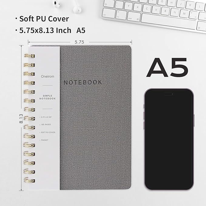 Spiral Notebook-5.75" x 8.125" College Ruled Journal with Inner Pockets and 160 Pages,PU Leather Cover Business Journal, Twin-Wire Binding Notebook Perfect for Office & Home School Supplies Grey