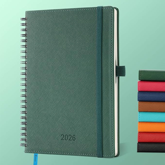 IN-LUXPRO Planner 2026 Daily Weekly and Monthly,8.5"x6.5",12 Months Spiral Bound Calendar Agenda with Self-adhesive Pen Holder,2026 Appointment Book with Vegan Leather Soft Cover,Green