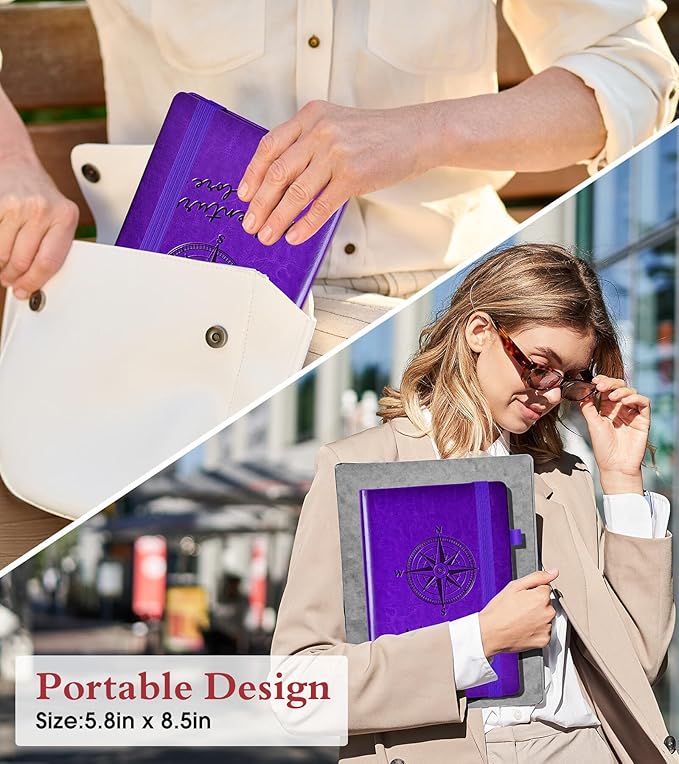 PAIBAS Graph Notebook for Women Men, 160 Pages Grid Paper, Graphing Notebooks for School, Work, Quad Ruled, Inner Pocket, A5 Hardcover Vintage Leather Journals for Writing, 5.8"x8.5" (Purple)