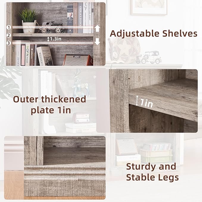 RWYHG 43" Grey Tall Bookshelf Set of 3,3-Tier Thick Wooden Book Shelf with Adjustable Shelves,Free Standing Farmhouse Bookcase with Open Display Storage,Floor Vintage Bookshelves for Living Room