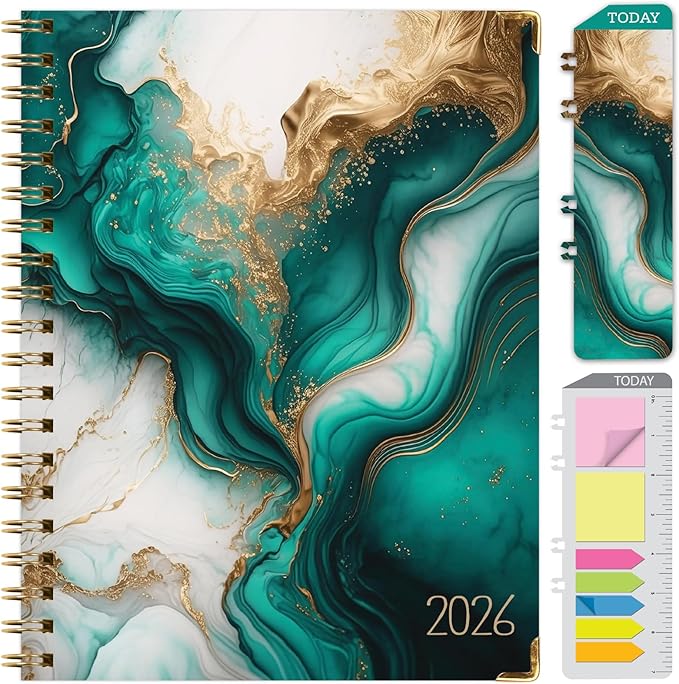 HARDCOVER 2026 Planner, 8.5"x11": 14 Months (November 2025 - December 2026), Daily Weekly Monthly Planner, Yearly Agenda, Bookmark, Pocket Folder and Sticky Note Set (Teal Gold Marble)
