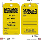 TRADESAFE Bilingual Out of Service Tags, Fuera de Servicio - 30 Yellow Caution Sign with 30 Cable Ties, Durable 32 mil Vinyl, Caution Tags for Equipment Repair or Service, Accident Prevention