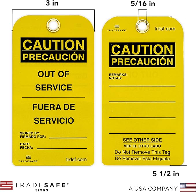 TRADESAFE Bilingual Out of Service Tags, Fuera de Servicio - 30 Yellow Caution Sign with 30 Cable Ties, Durable 32 mil Vinyl, Caution Tags for Equipment Repair or Service, Accident Prevention